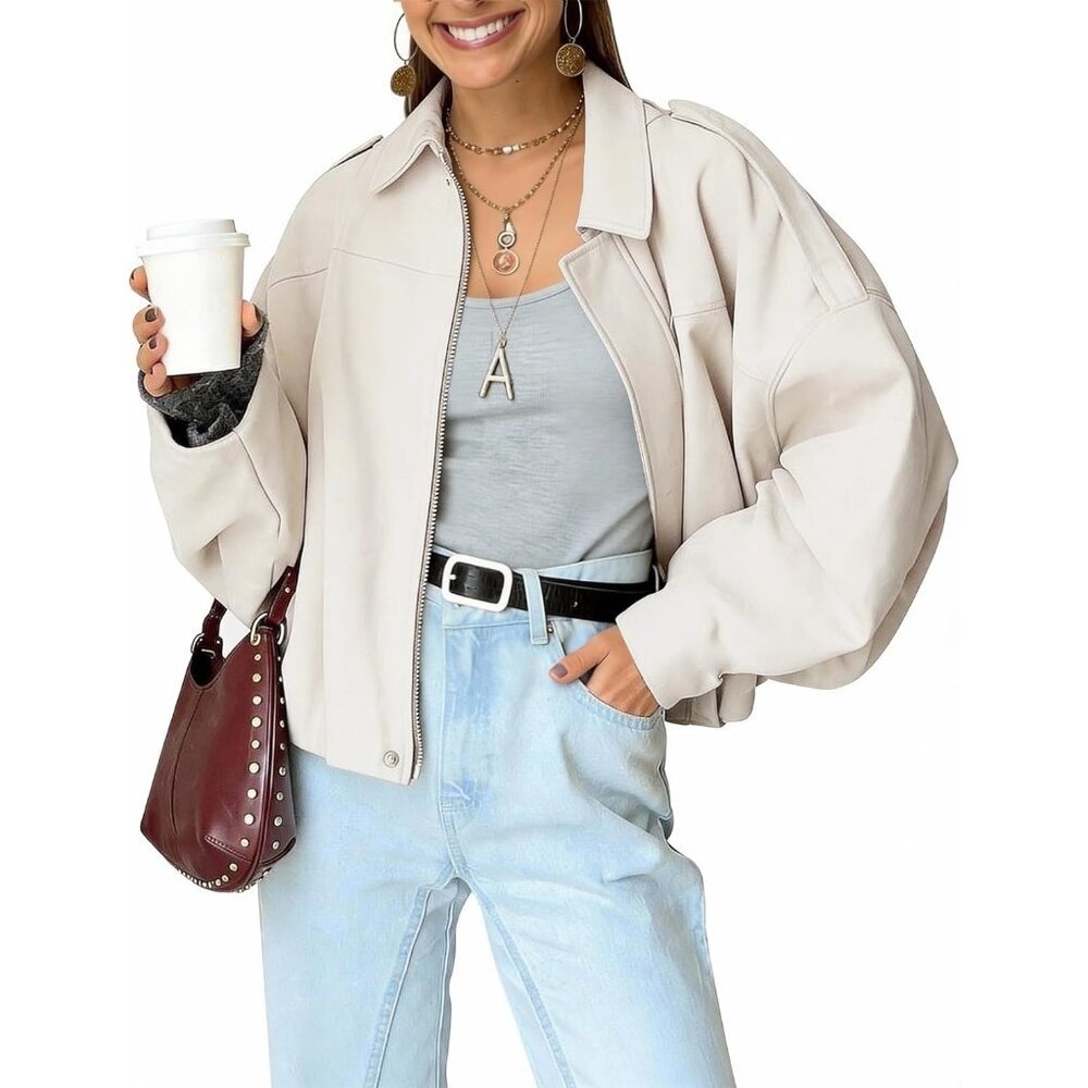 Women's Faux Suede Bomber Jacket Oversized Long Sleeve Zip Up Cropped Beige
